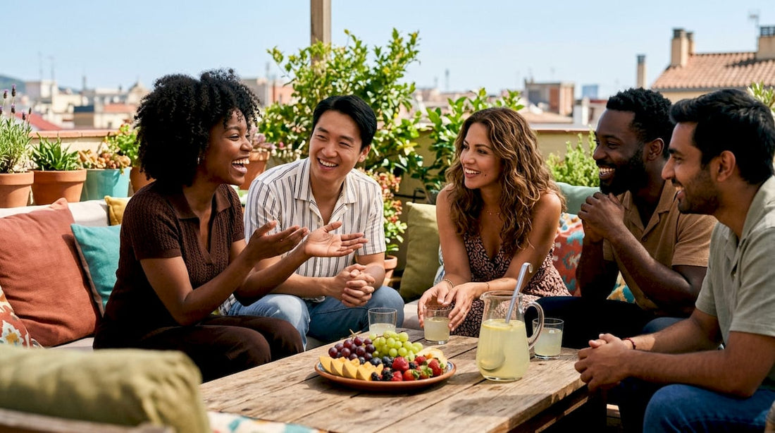 Diverse group sharing supportive conversation in living room