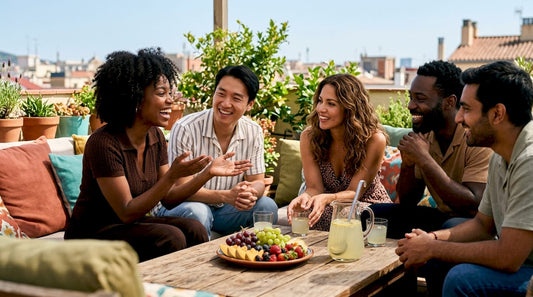 Diverse group sharing supportive conversation in living room