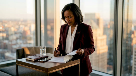 Female executive reviewing resilience notes in office
