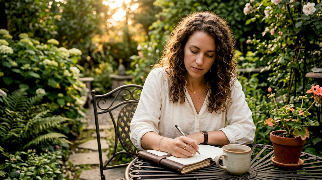 Woman journaling in sunlit home office