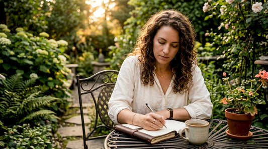 Woman journaling in sunlit home office