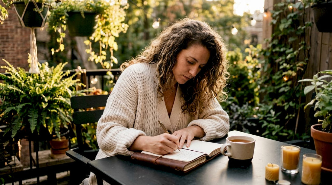 Woman journaling mindset shift in cozy apartment