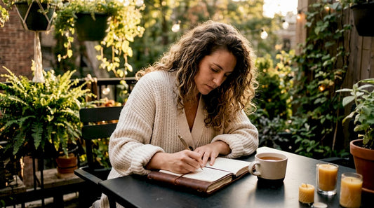 Woman journaling mindset shift in cozy apartment