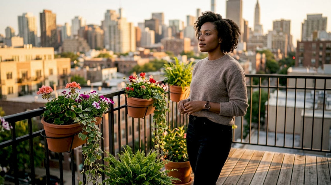 Confident woman reflecting outdoors at sunset