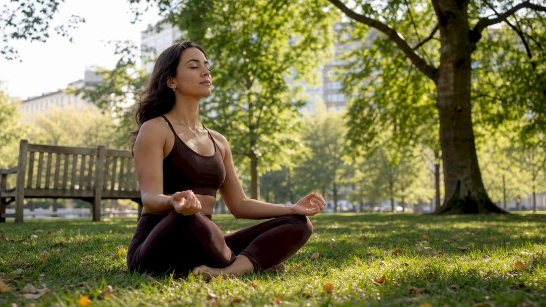 Woman meditating in peaceful living room