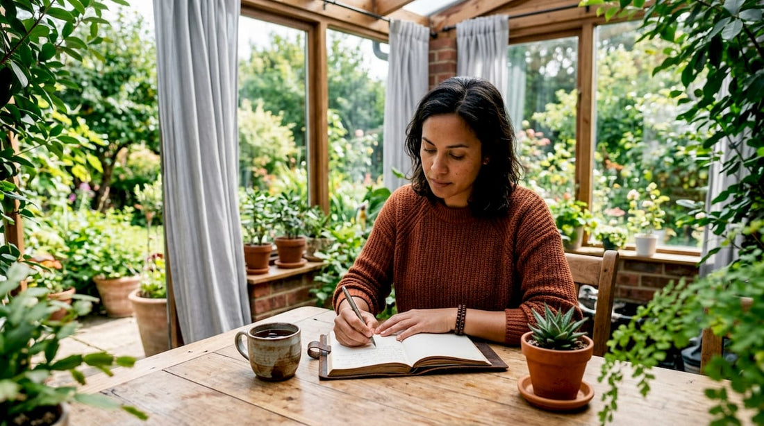 Woman journaling identity narrative at home desk