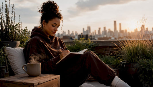 Woman journaling daily on balcony at dawn