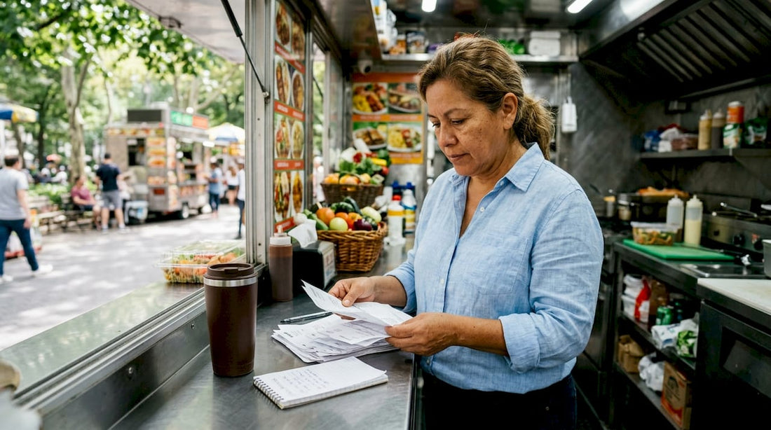 Immigrant entrepreneur reviewing invoices in café