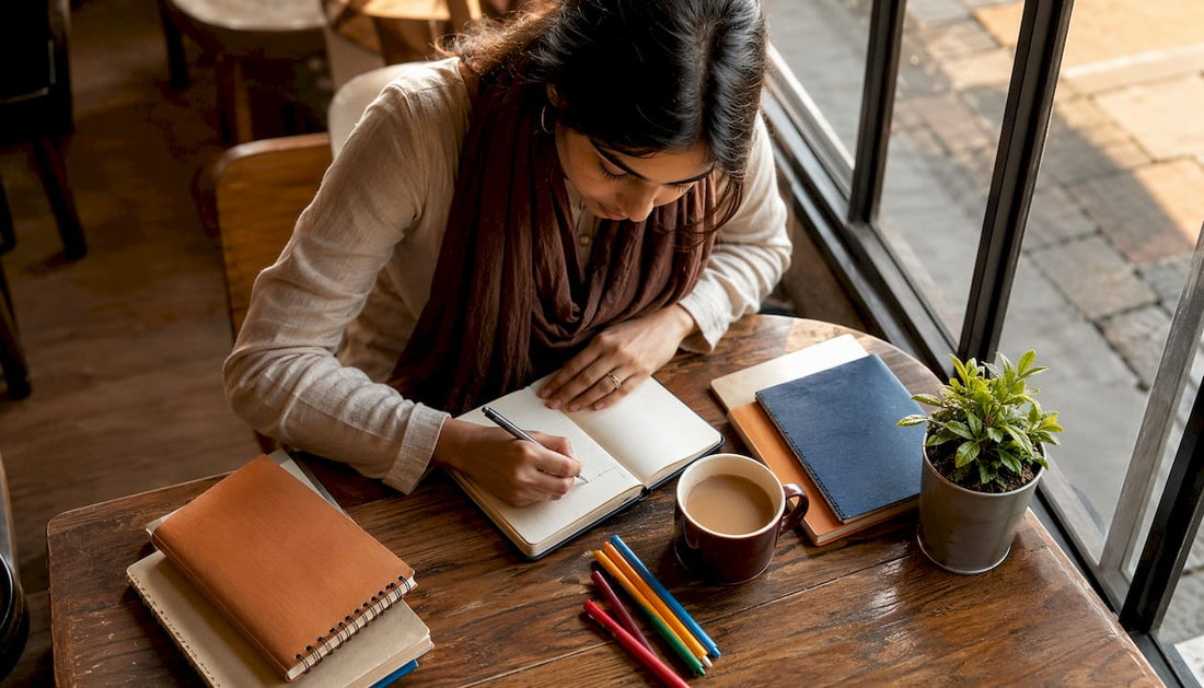 Young South Asian woman journaling at kitchen table