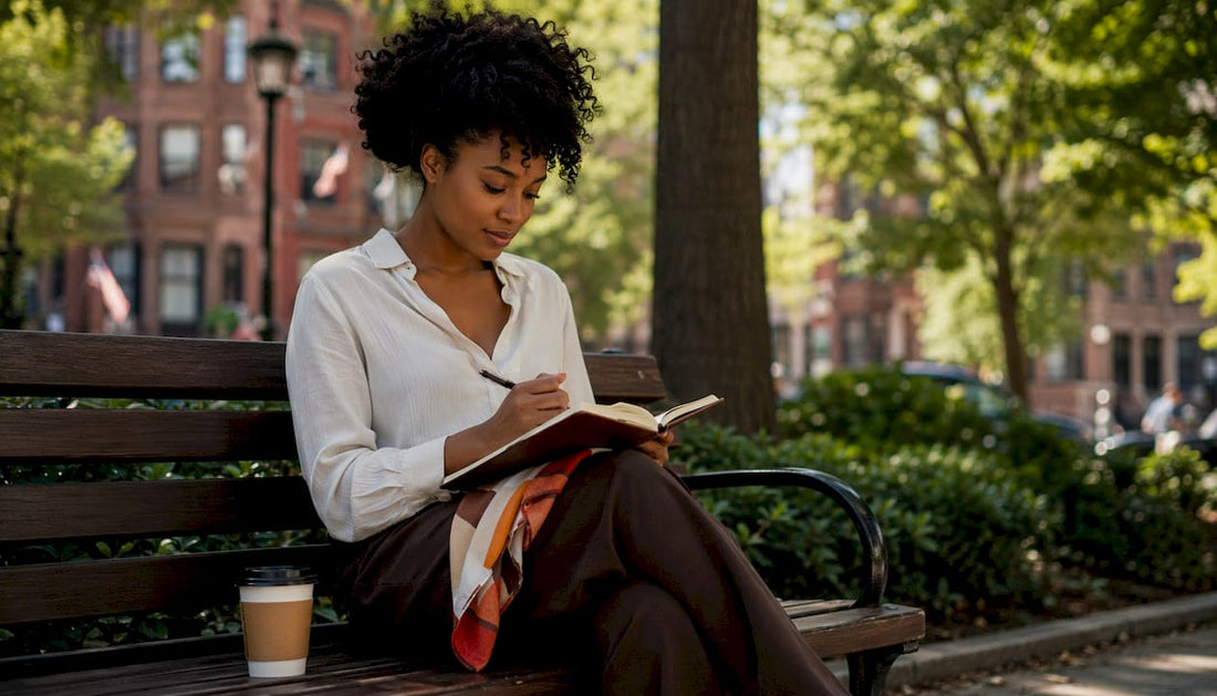 Woman journaling daily self-worth at kitchen table