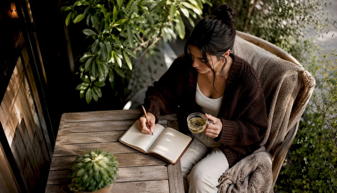Woman reflecting on self-worth in cozy styled setting
