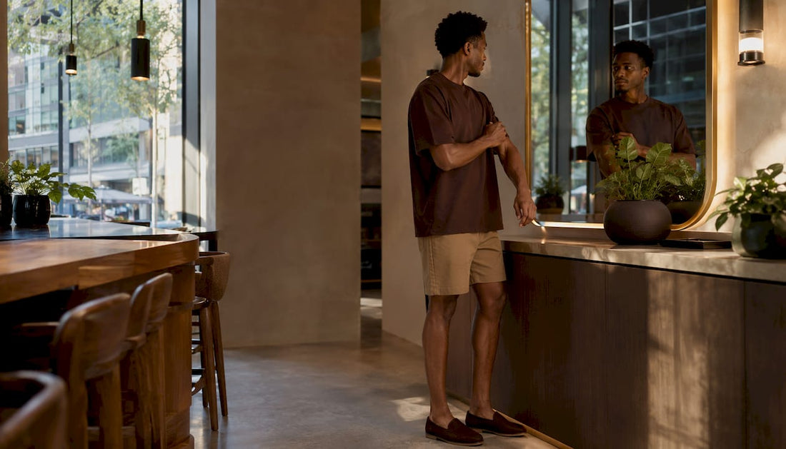 Man styling boxy-fit shirt in modern apartment