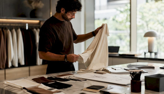 Man inspecting heavyweight T-shirt fabric texture