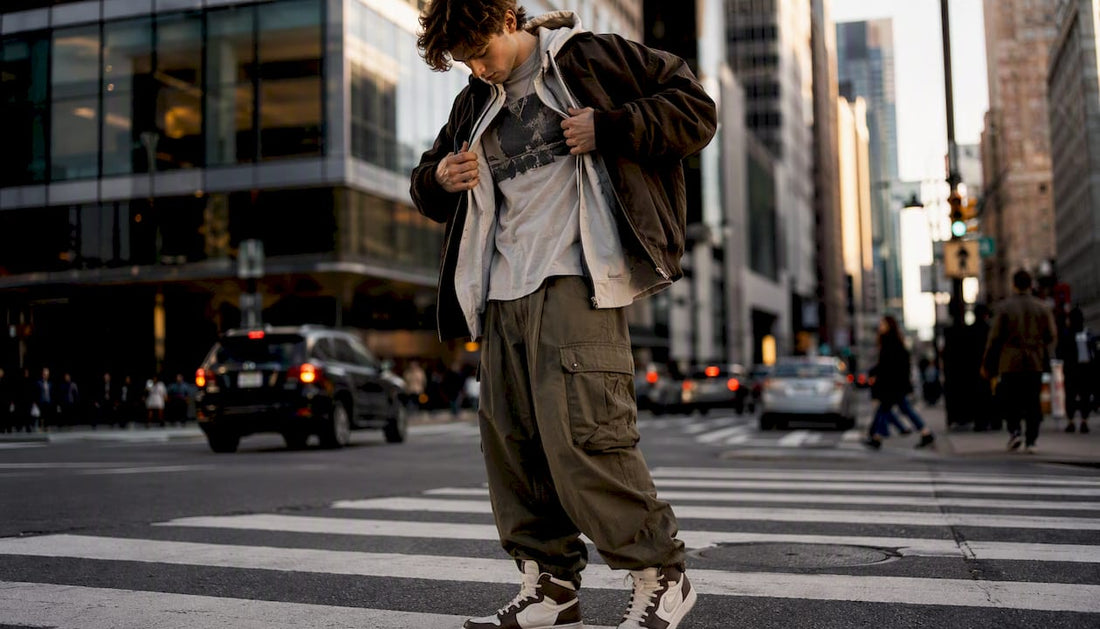 Streetwear layered outfit urban street scene