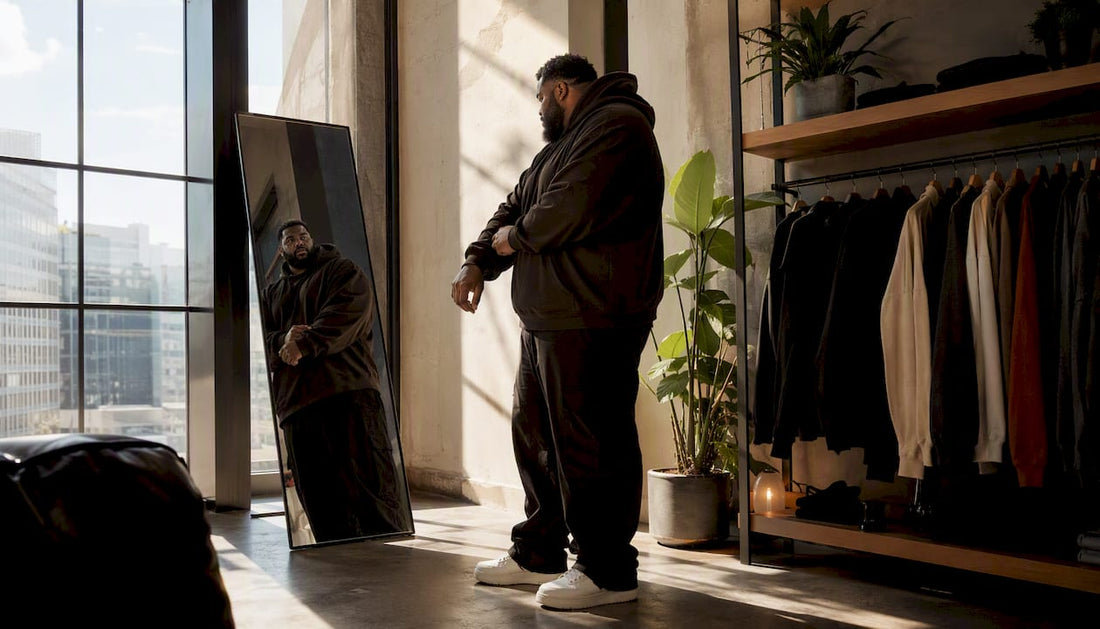 Tall plus-size man adjusting hoodie fit