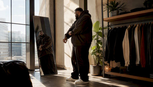 Tall plus-size man adjusting hoodie fit