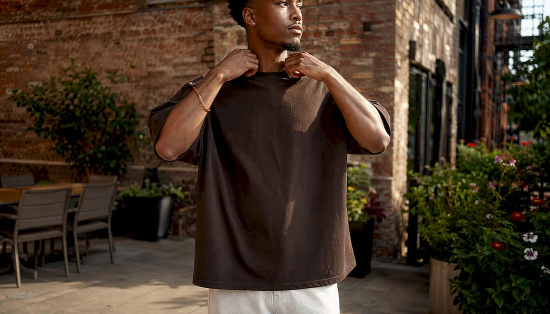Person smoothing collar of heavyweight oversized T-shirt