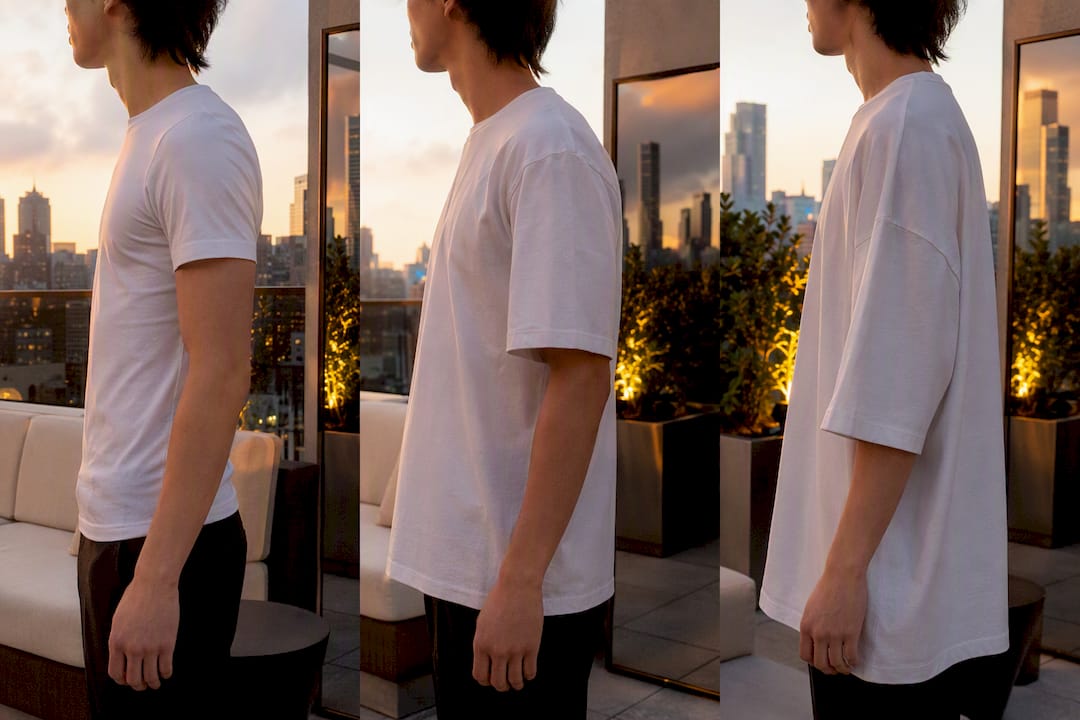 Person wearing varied streetwear T-shirt fits