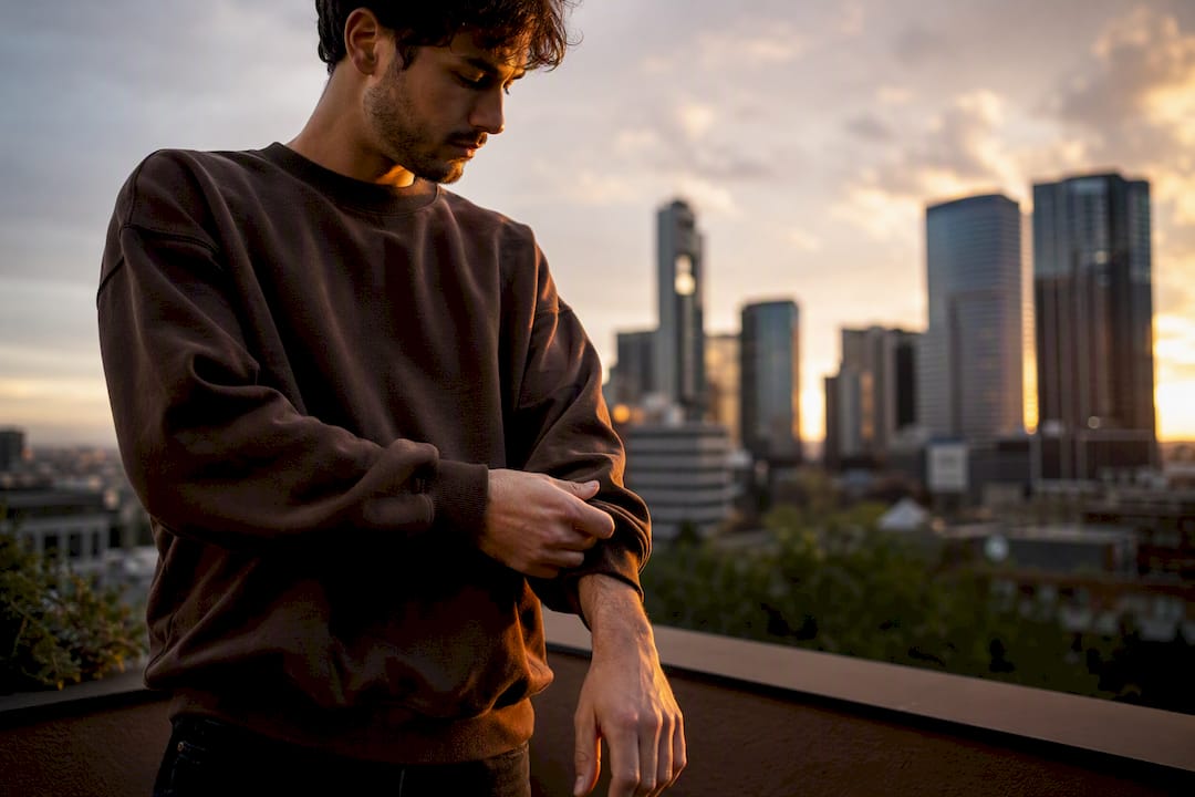 Person adjusting crewneck sweater sleeve outdoors
