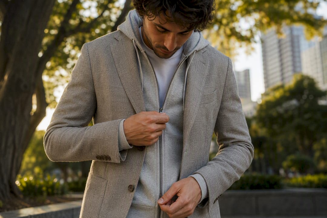 Man zipping hoodie under blazer outdoors
