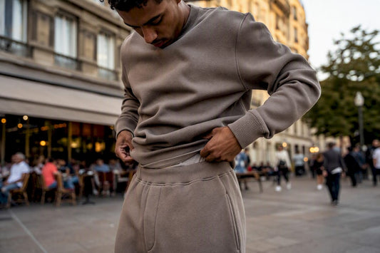 Model adjusting waistband of matching streetwear set