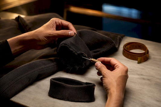 Hands removing an elastic jogger cuff