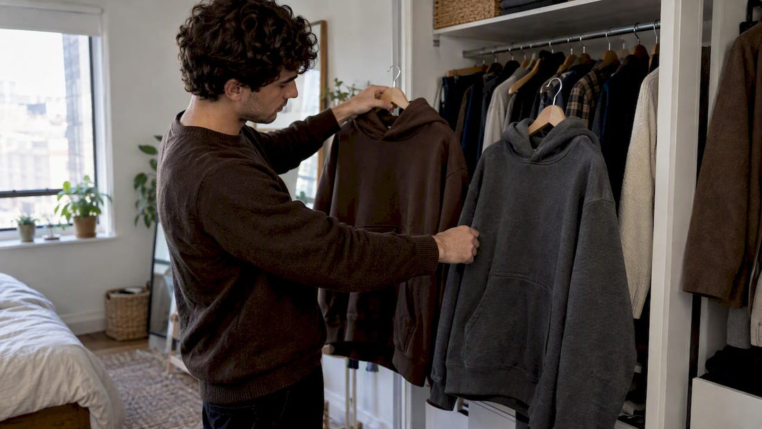 Person comparing two hoodies at home