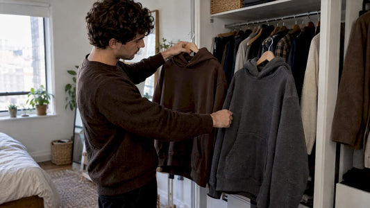 Person comparing two hoodies at home
