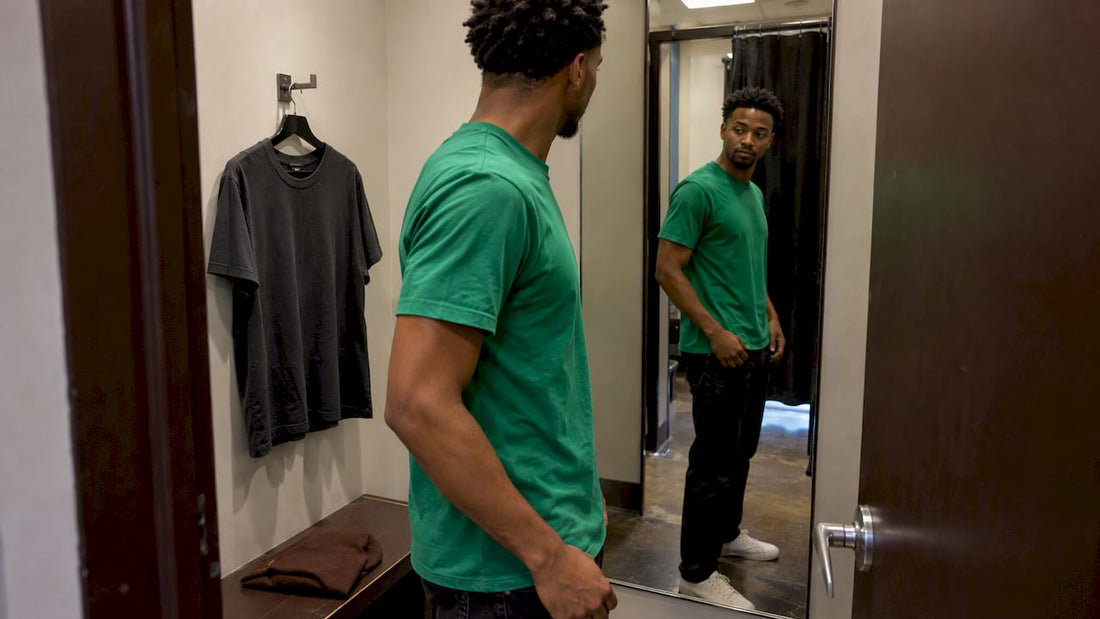 Man comparing streetwear colors in a fitting room