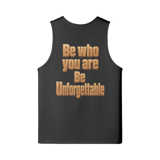 MR. HAPPINESS black oversized muscle tank with gold text "Be who you are Be Unforgettable"