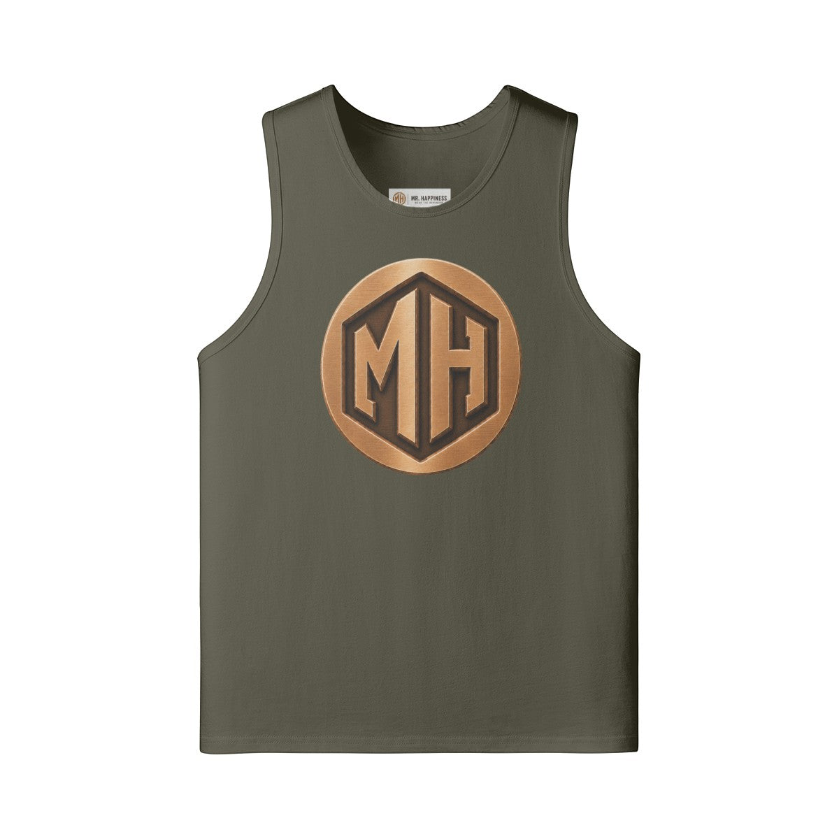 MR. HAPPINESS olive green oversized muscle tank made of 100% combed cotton with a bronze MH logo.