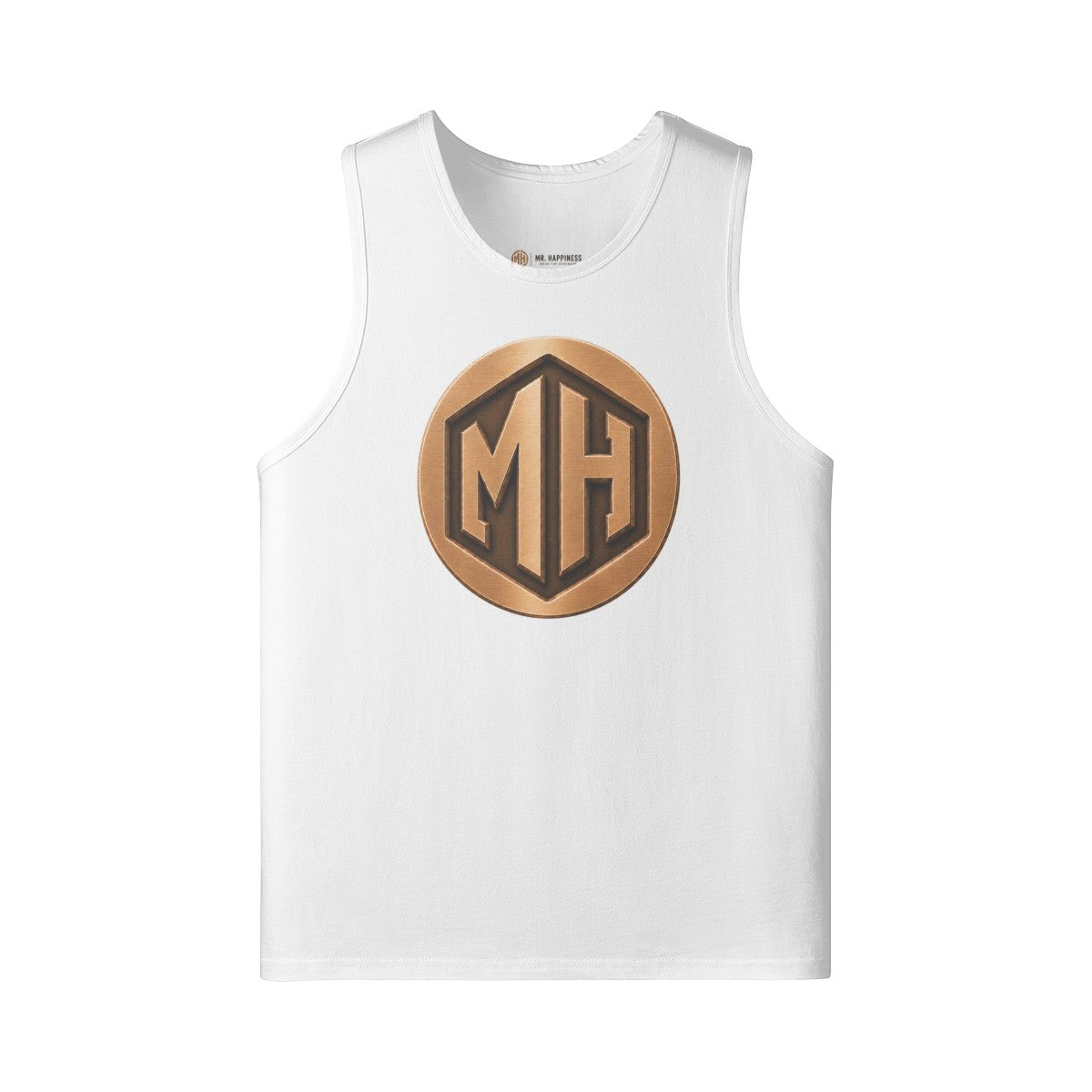 MR. HAPPINESS white 100% combed cotton oversized muscle tank with crew neck and bronze MH logo.